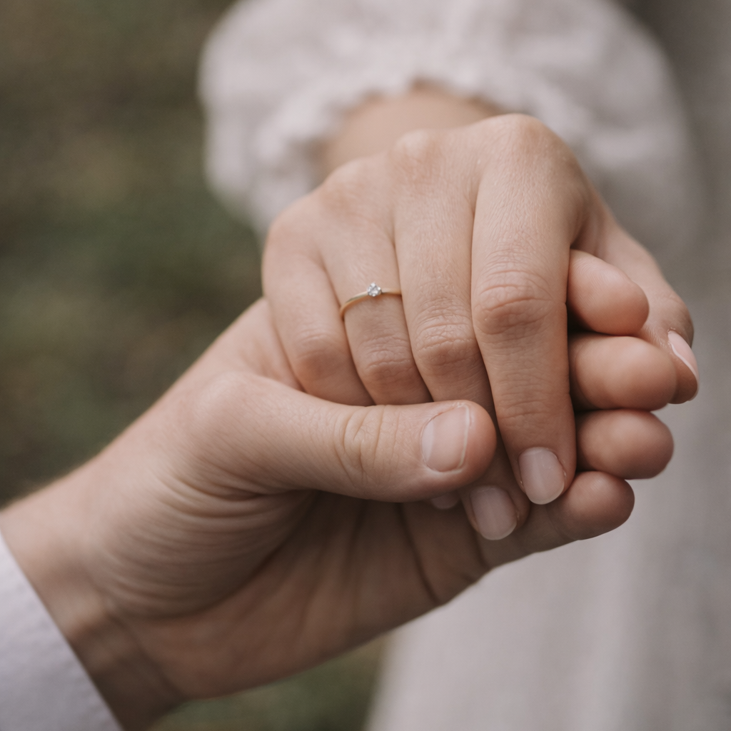 Hände eines Paares bei der Verlobung mit zartem Verlobungsring an der Hand der Braut