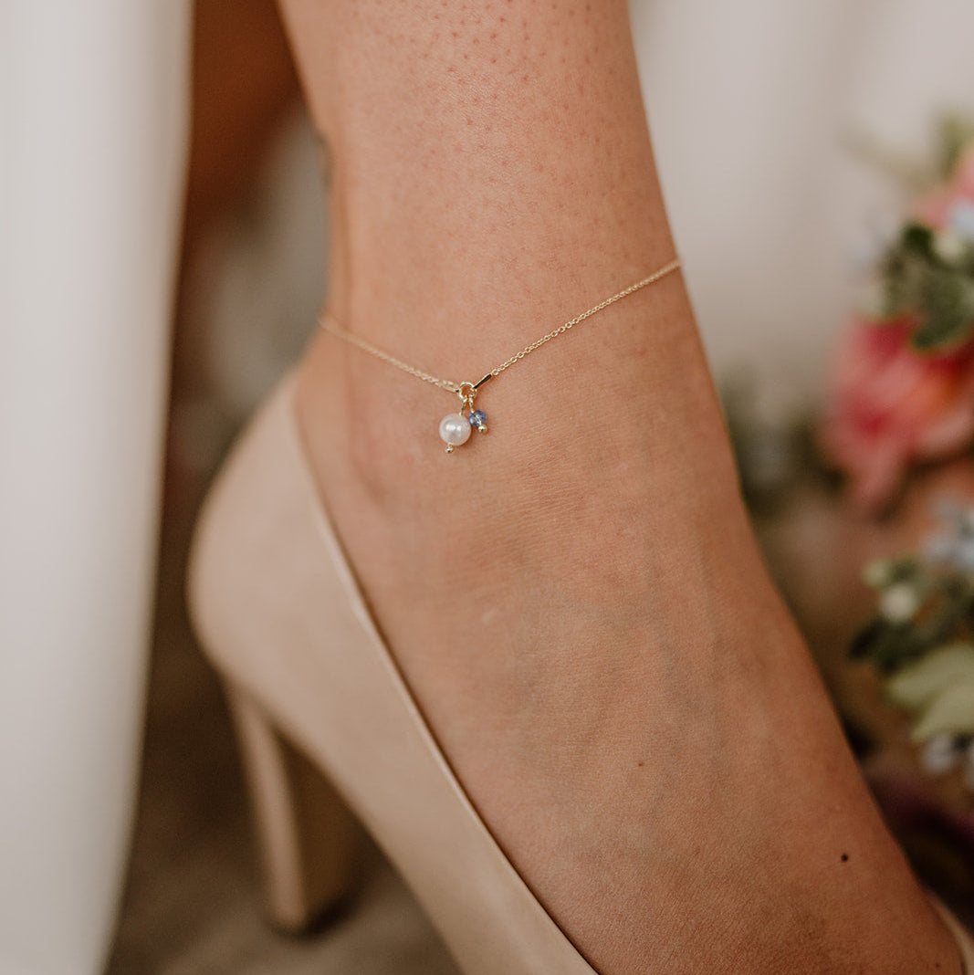 Saphira | Braut Fußkettchen mit blauem Kristall