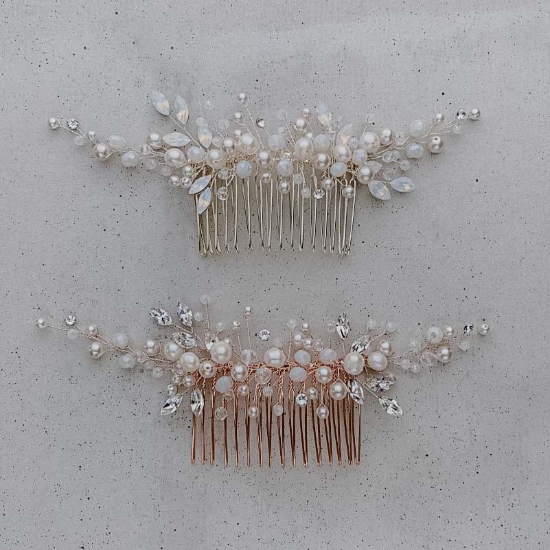 Brauthaarkamm mit Perlen und Kristallen Kris in der Farbe Silber