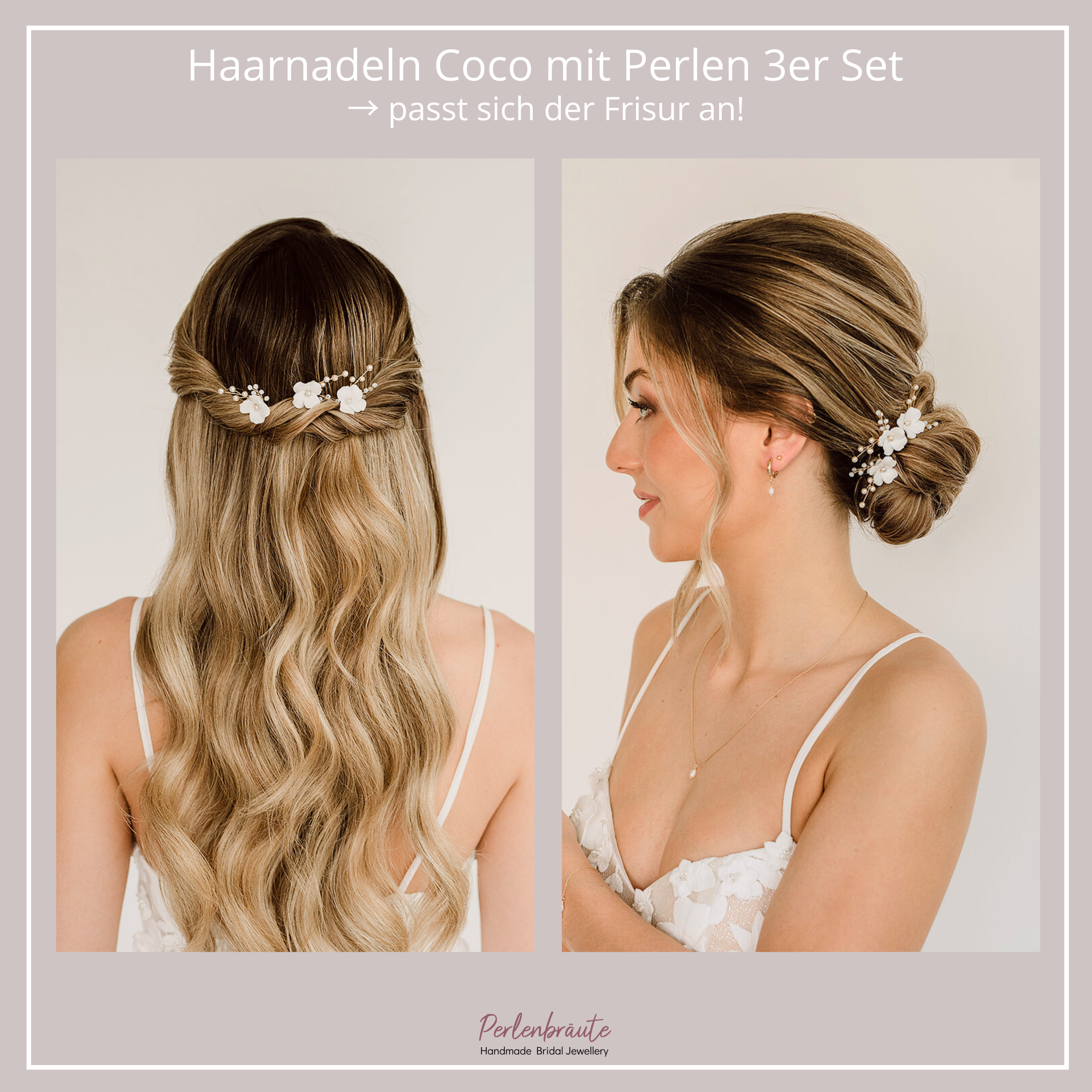 Coco mit Perlen | Braut Haarnadeln mit weißen Blüten und echten Perlen