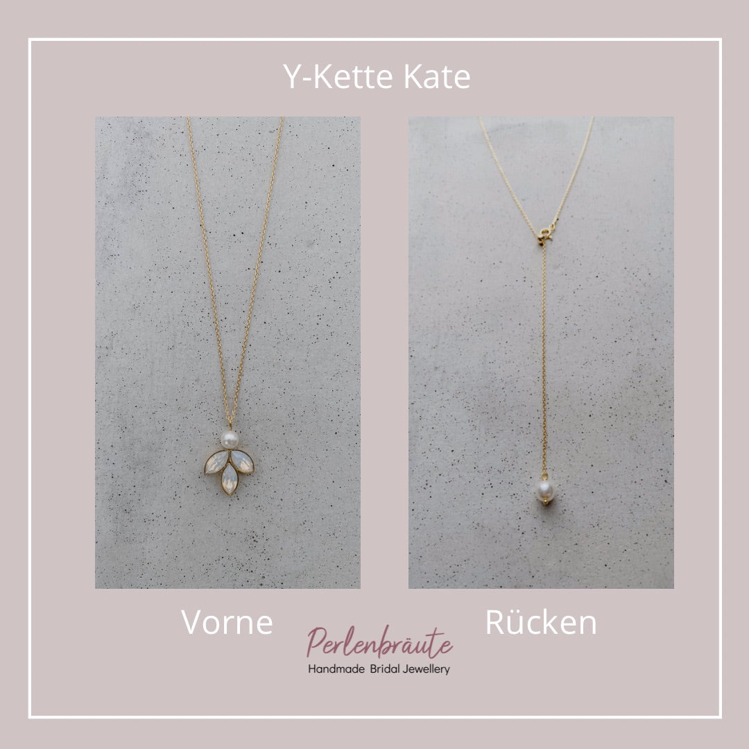 Kate Halskette mit Rückenkette Brauthalskette mit Perlen und Kristallen, Y-Kette in der Farbe Gold