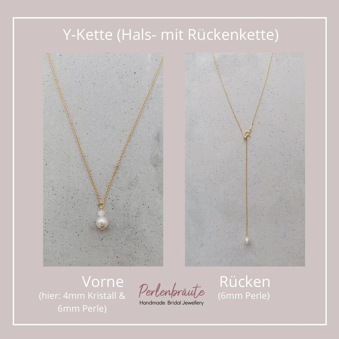 Halskette mit Rückenkette Brauthalskette mit Perlen, Y-Kette in der Farbe Gold