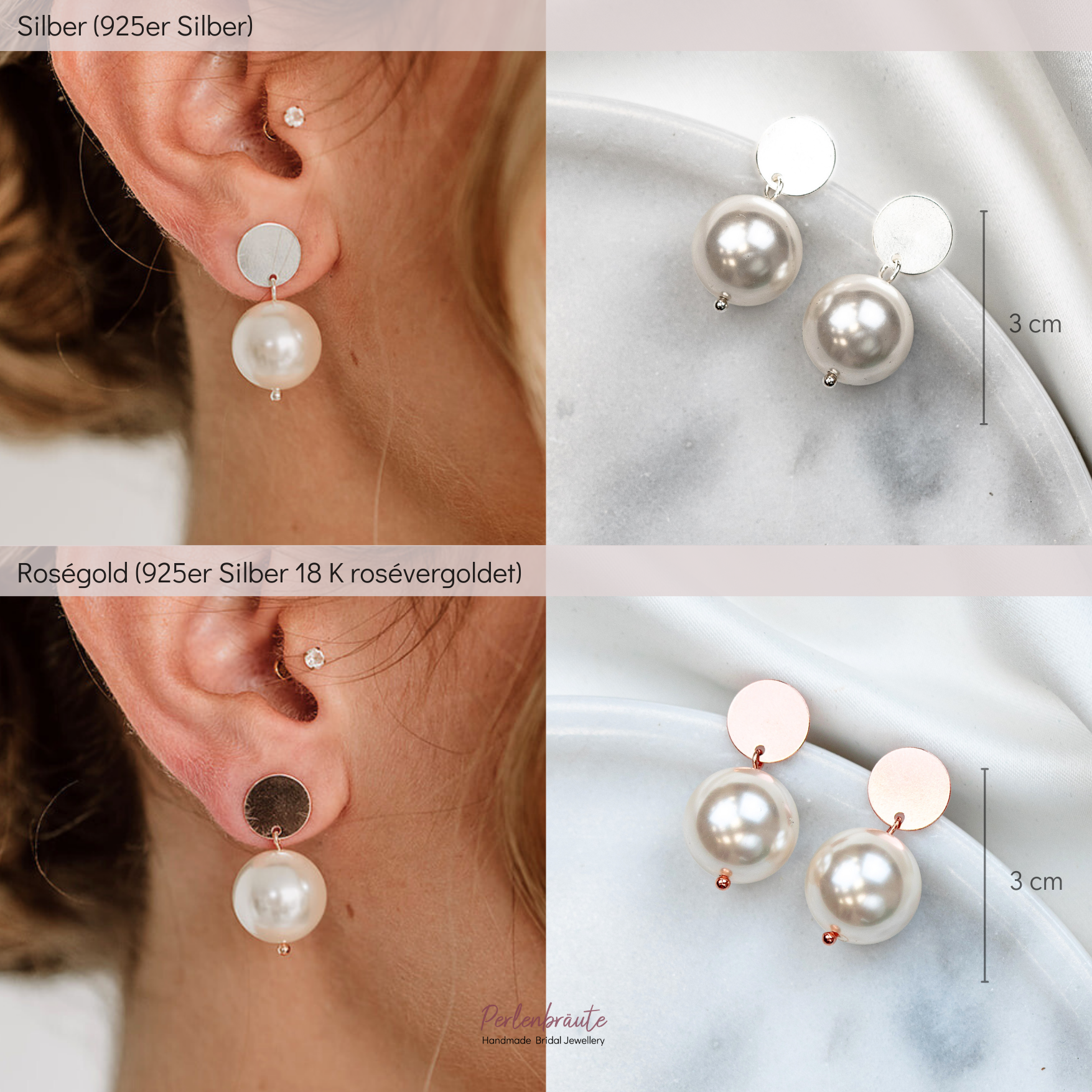 Produktvergleich Silber versus rosévergoldet: Brautohrringe mit runder veganer Perle unter einem schlichten, runden Plättchen Ohrstecker, liegend auf runder Marmorplatte und getragen am Ohr vom Model.