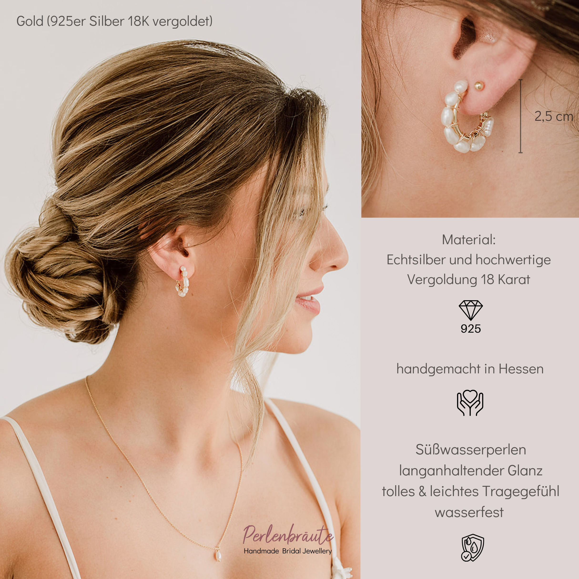 Heidi | Ohrringe Hochzeit - Creolen mit echten Perlen