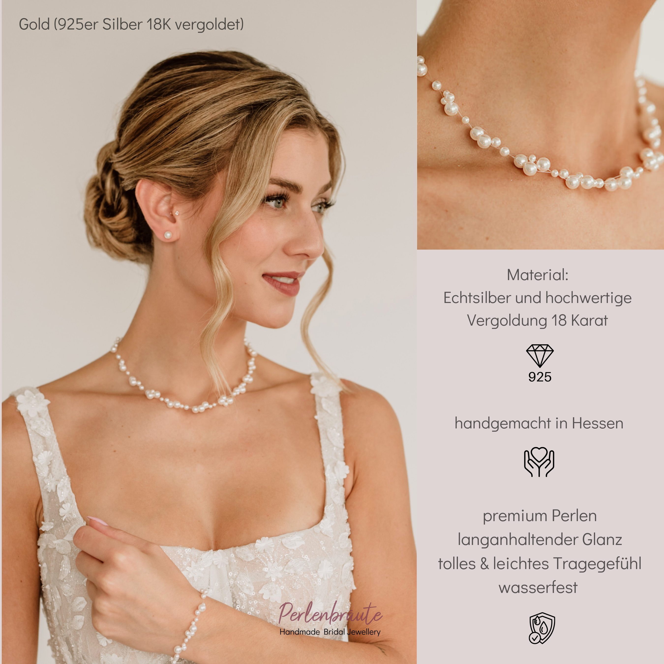 Jasmin | Braut Halskette mit Perlen schwebend