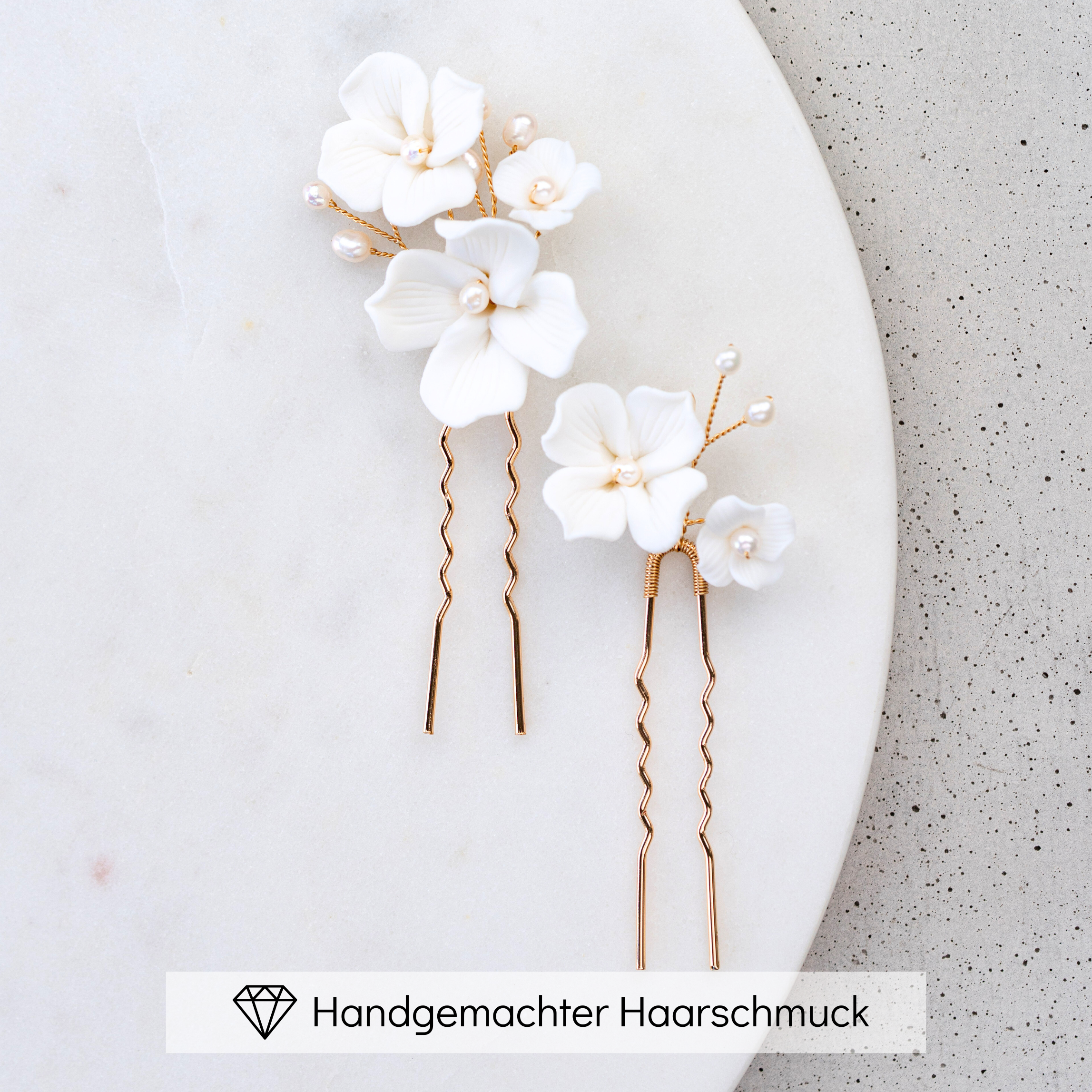 Coco | Braut Haarschmuck - Haarnadeln mit weißen Blüten und echten Perlen