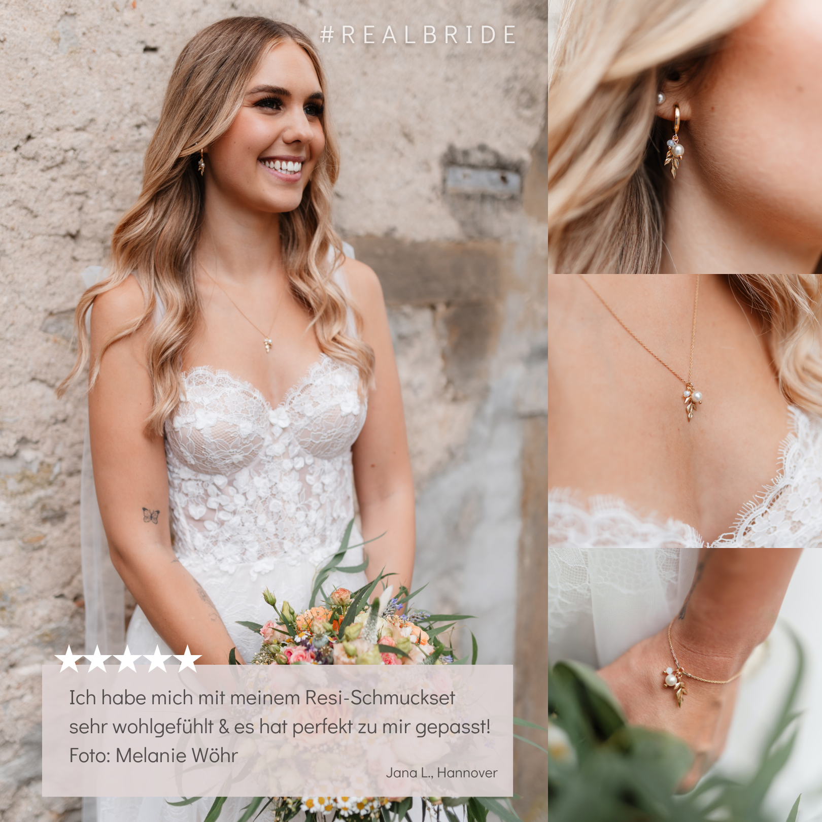 Collage aus vier Bildern. Hauptbild mit strahlender Realbride im weißen Brautkleid mit offenem Haar und Brautstrauß, trägt 3-teiliges Schmuckset. Drei Bilder zeigen Detailaufnahmen vom Ohrring, Halskette und Armband.