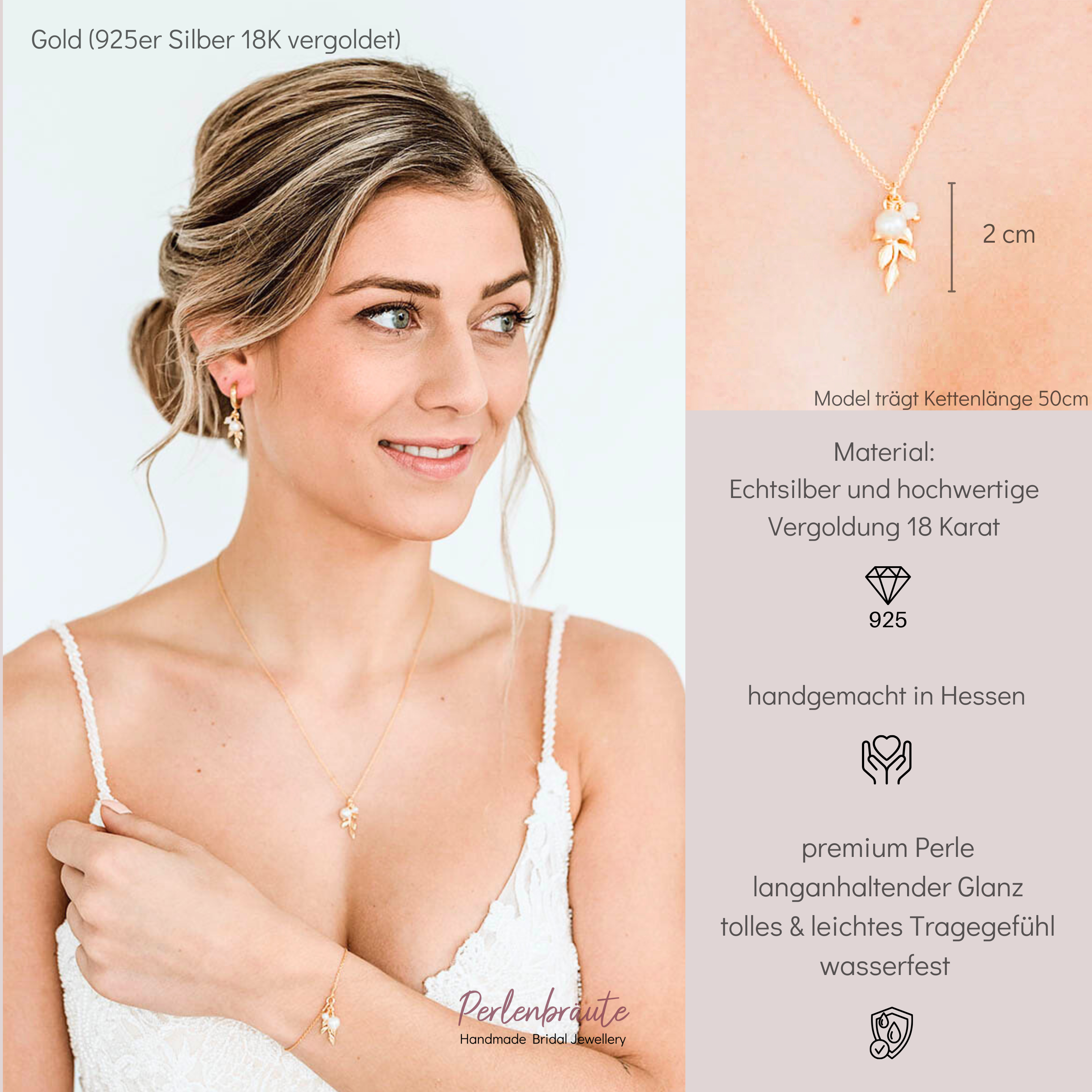 Resi | Halskette Braut mit Blatt und Perlen