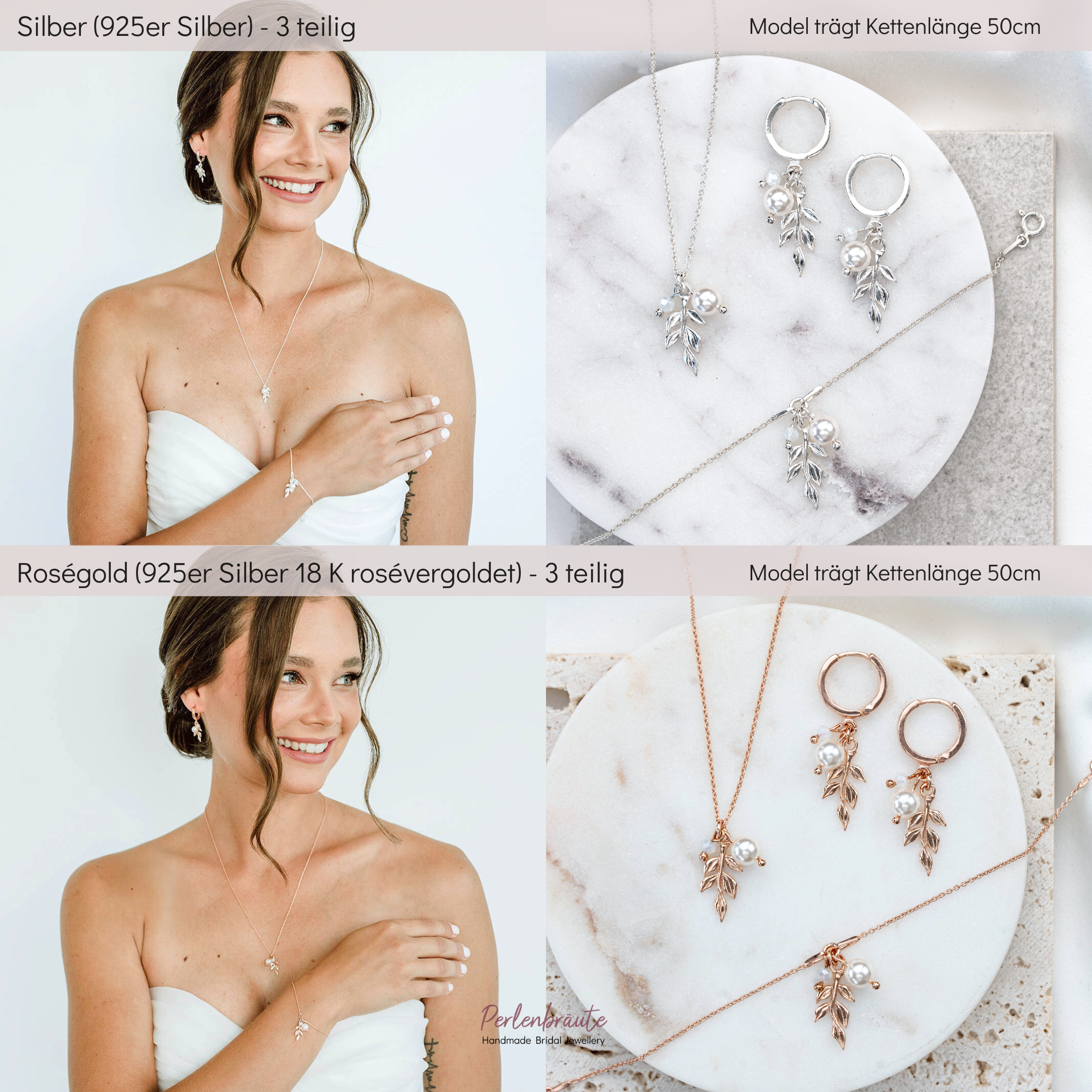 Produktvergleich 3-teiliges Schmuckset in 925er Silber und 18K rosévergoldet bestehend aus Halskette, Creolen und Armband mit filigranen Blattanhängern, kleinen weißen Perlen und white opal Kristallperlen arrangiert auf hellem Marmorhintergrund und am Model