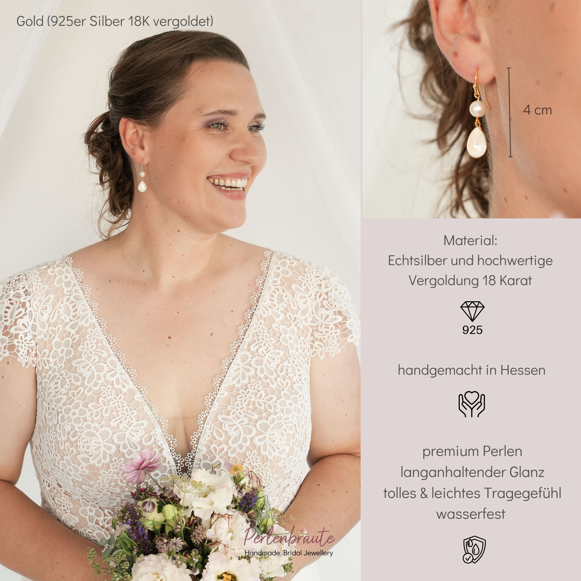 Sally | Ohrringe Hochzeit hängend mit Perle und Kristalltropfen