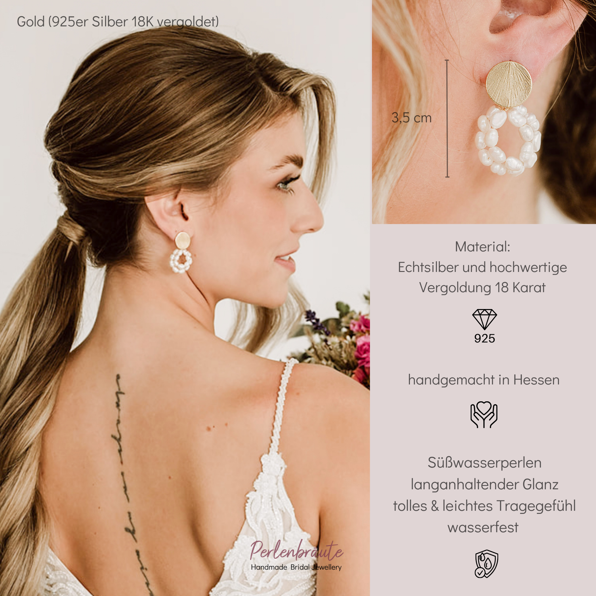 Solea | Ohrringe Hochzeit mit kleinen, echten Perlen hängend
