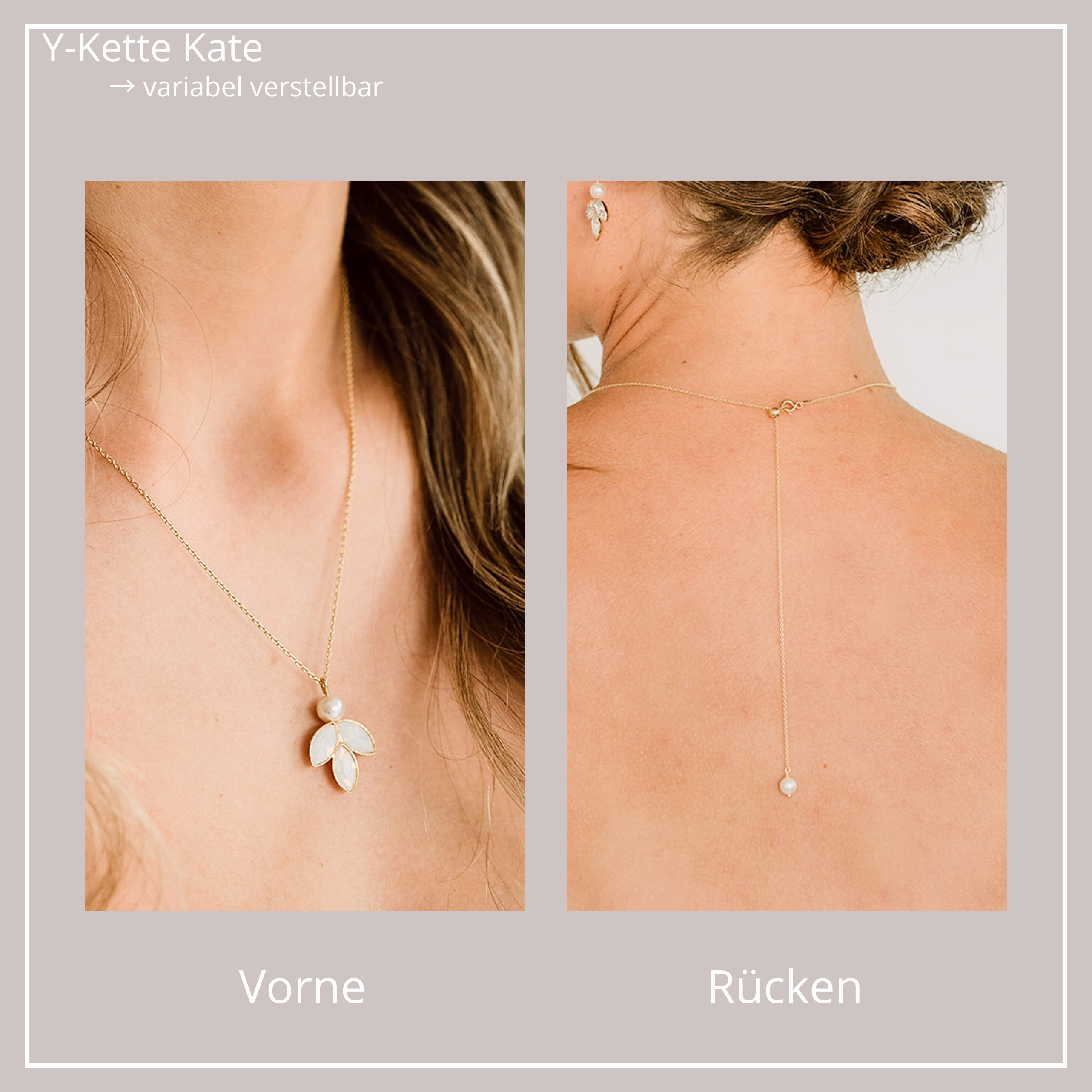 Kate Halskette mit Rückenkette | Brauthalskette mit Perlen und Kristallen - Y-Kette