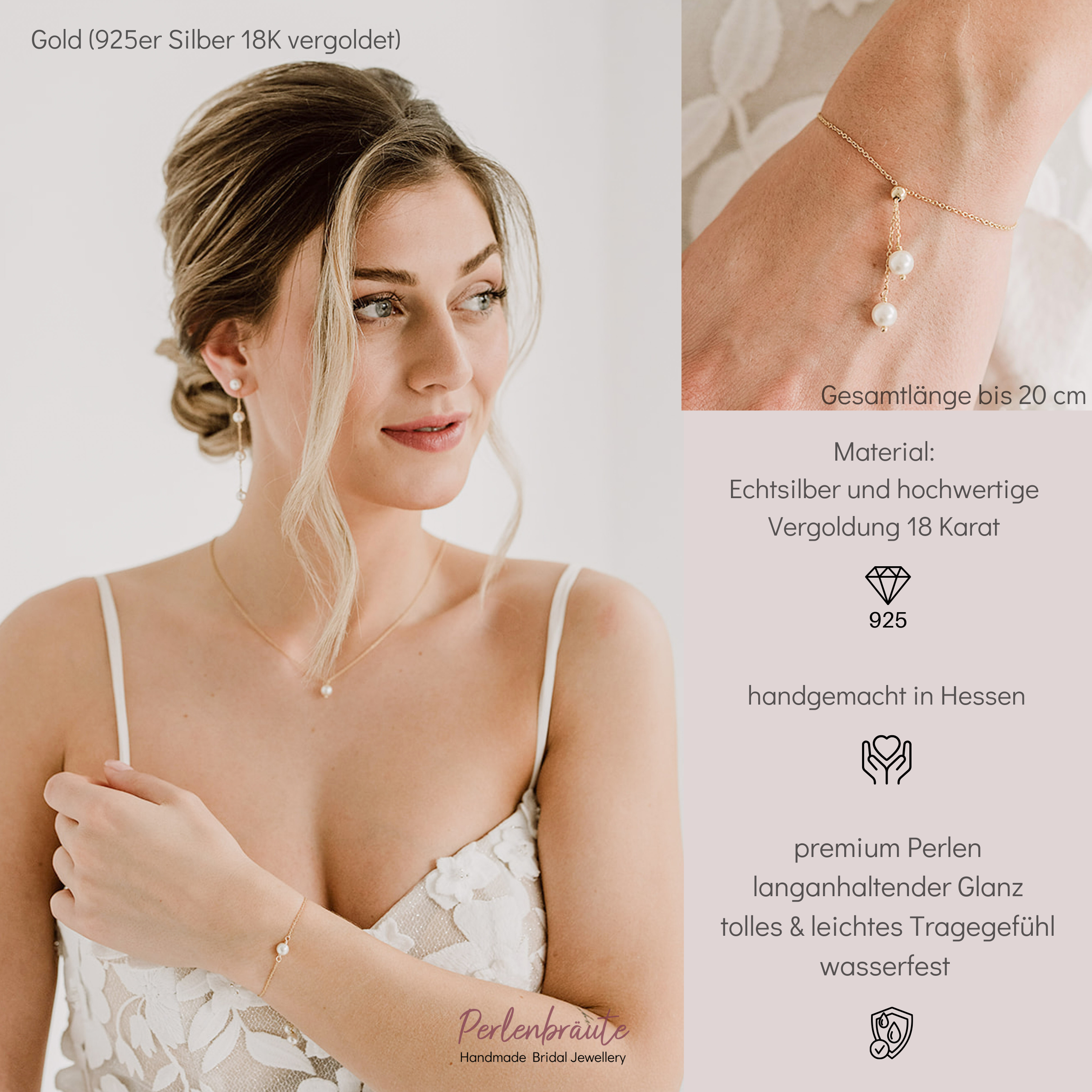 Valeria | Armband Hochzeit mit Perlenanhänger verstellbar