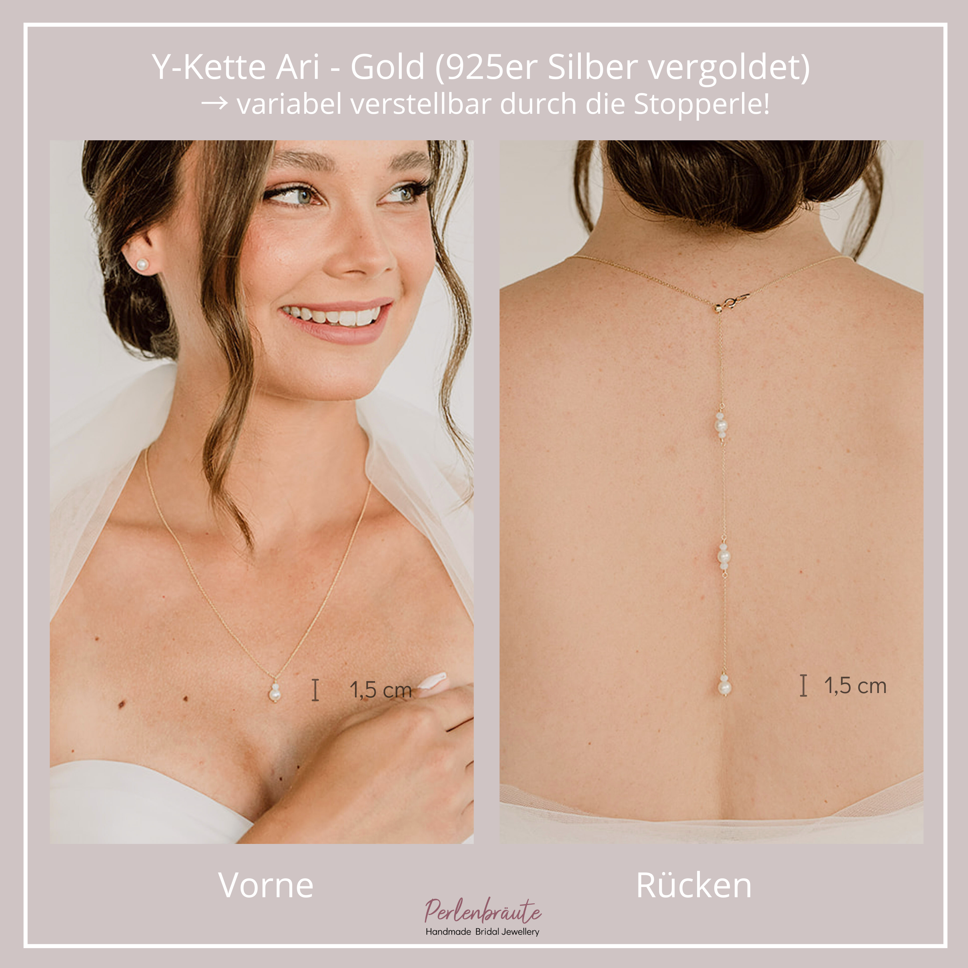Ari Halskette mit Rückenkette | Brauthalskette mit Perlen - Y-Kette