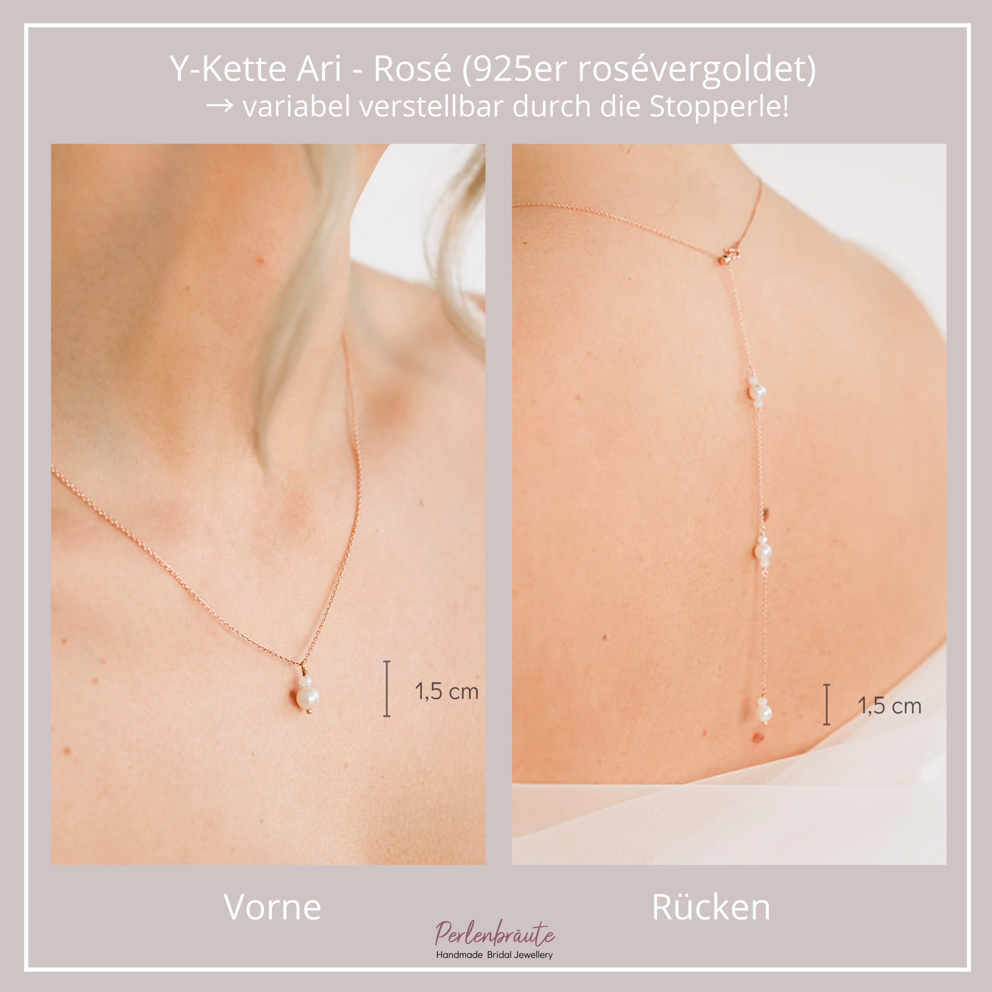 Ari Halskette mit Rückenkette | Brauthalskette mit Perlen - Y-Kette