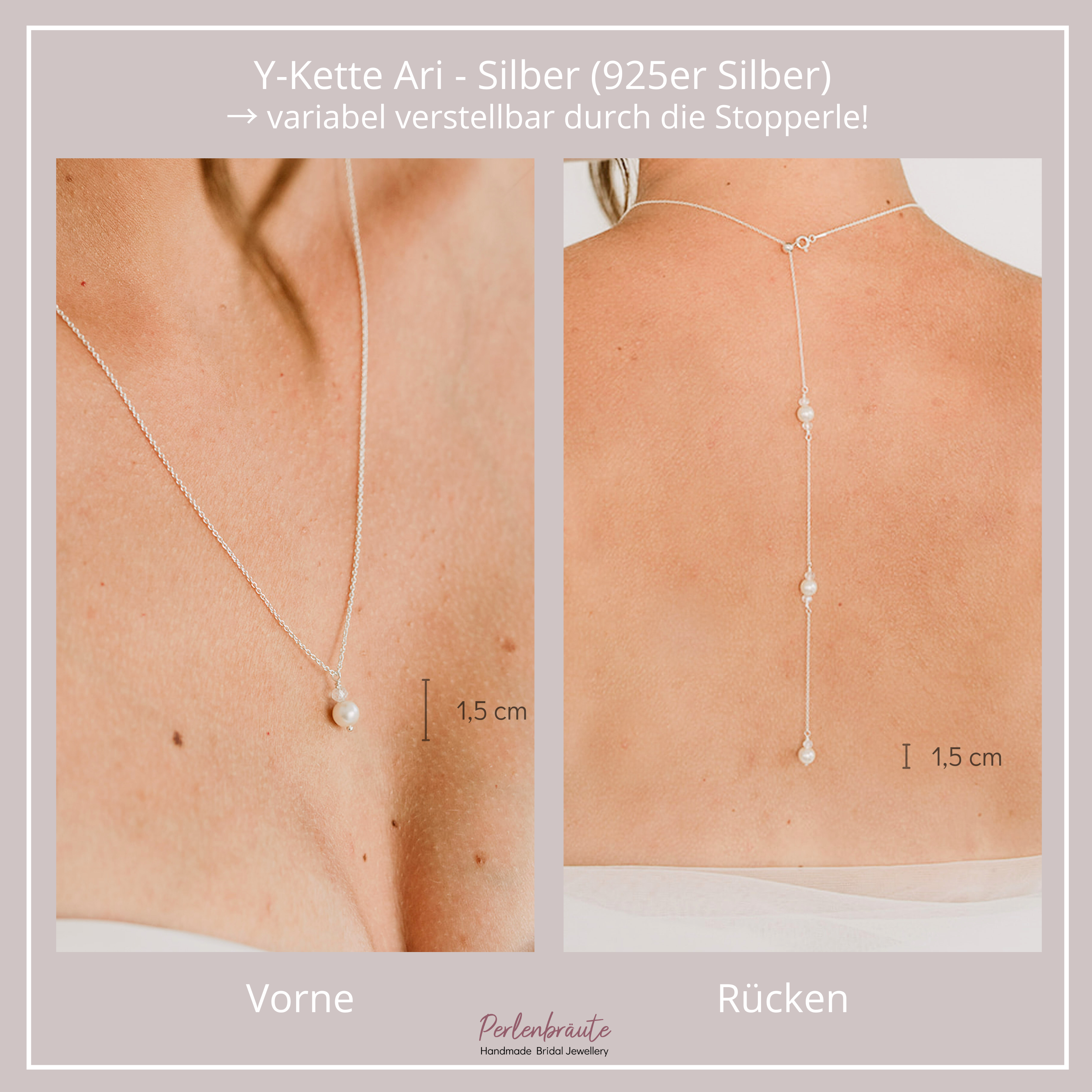 Ari Halskette mit Rückenkette | Brauthalskette mit Perlen - Y-Kette