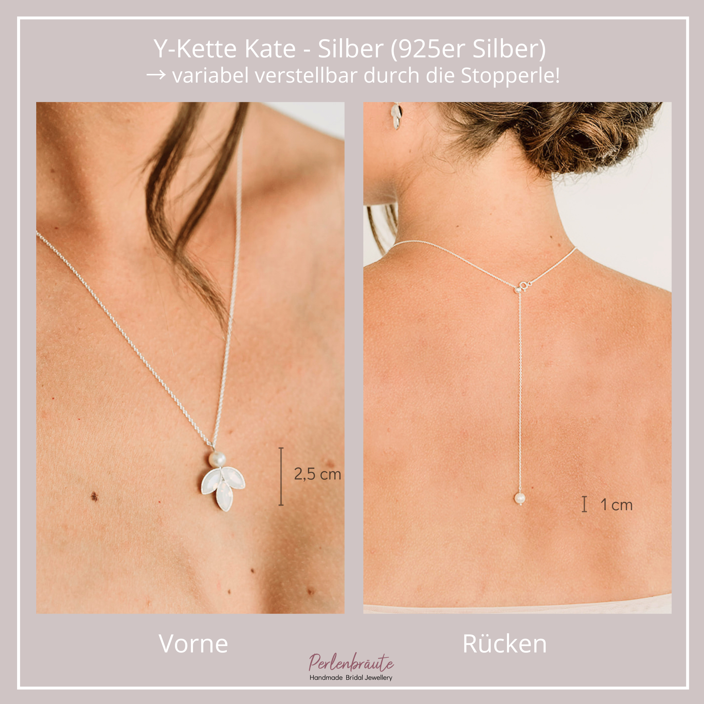 Kate Halskette mit Rückenkette | Brauthalskette mit Perlen und Kristallen - Y-Kette