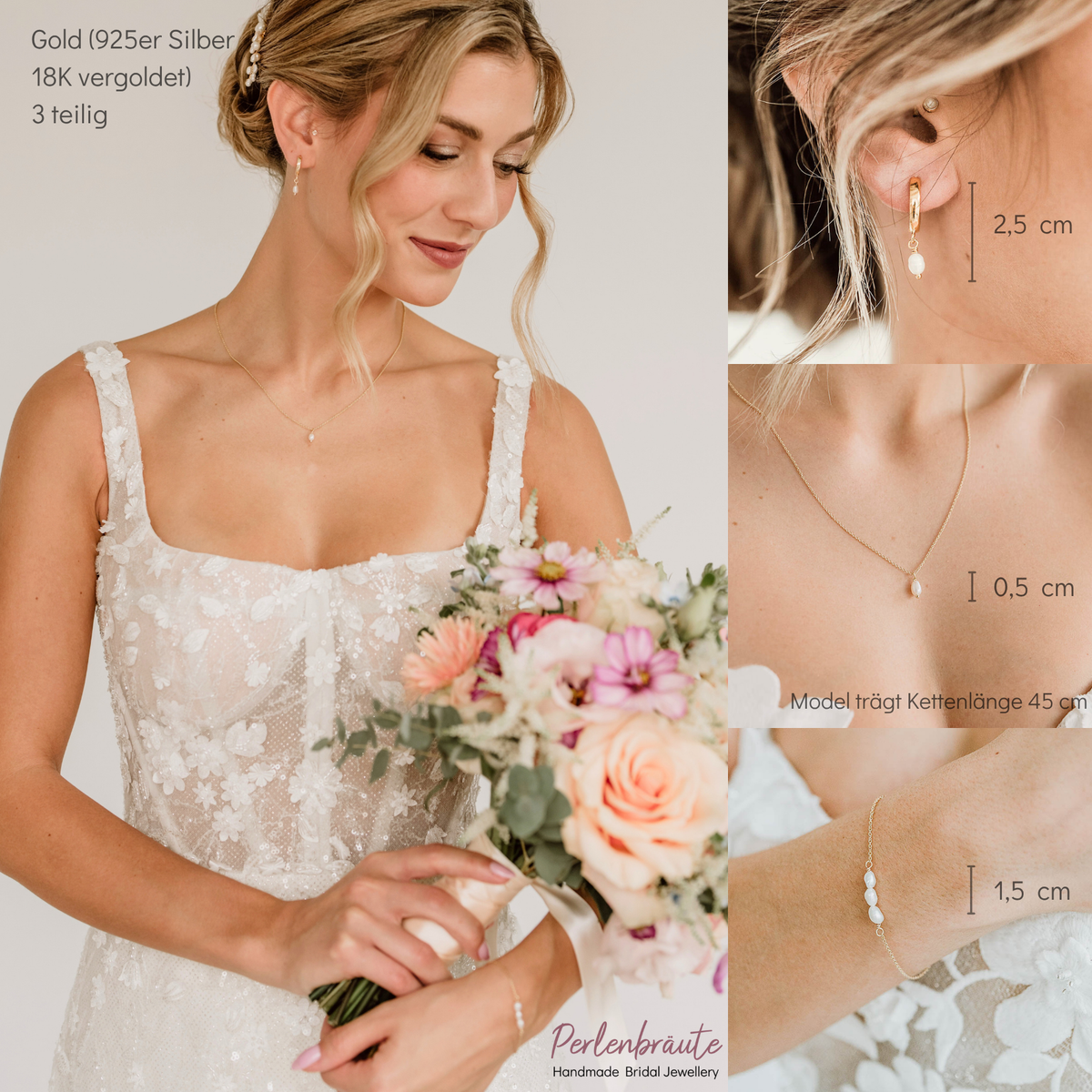 3-teiliges Brautschmuckset Amelie aus 925 Sterlingsilber 18K vergoldet – Creolen, Halskette und Armband mit echten Süßwasserperlen, am Model getragen
