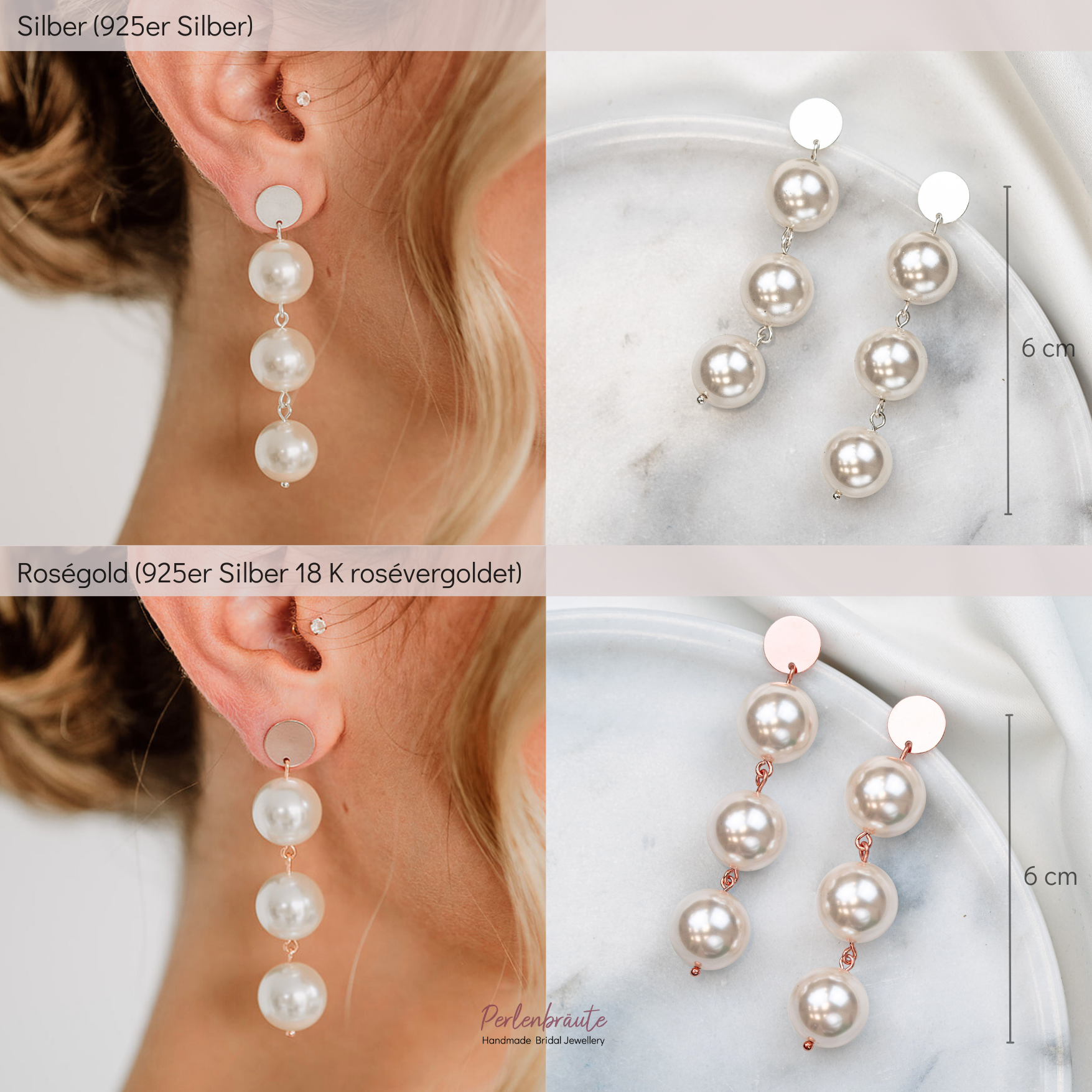 Produktvergleich Silber versus rosévergoldet: Brautohrringe mit großen runden veganen Perlen untereinander hängend an einem schlichten, runden Plättchen Ohrstecker, liegend auf runder Marmorplatte und getragen am Ohr vom Model.
