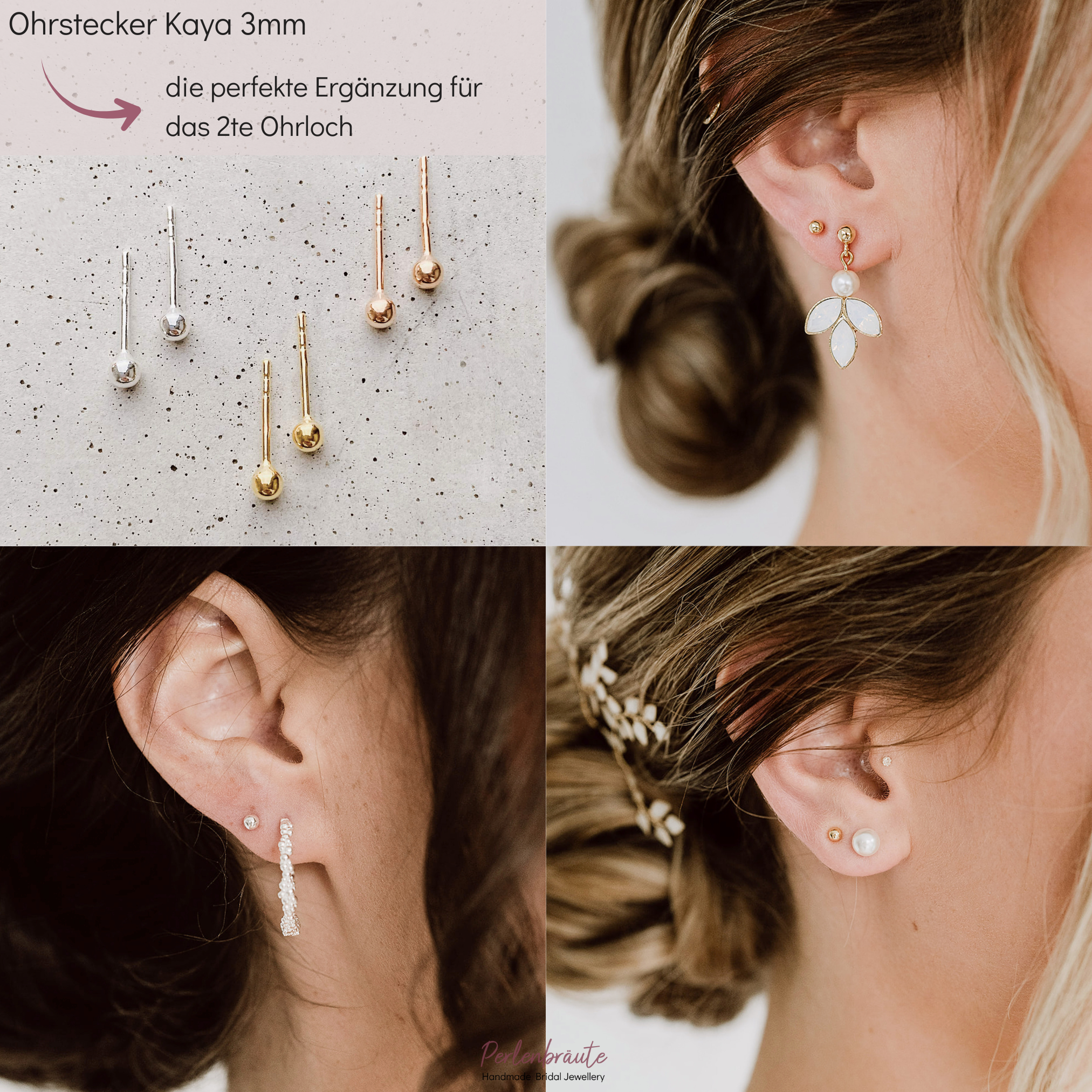 Kaya 3mm | schlichte Brautohrstecker - zweites Ohrloch