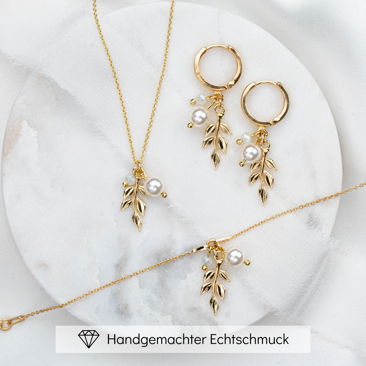 Resi | Brautschmuck Set mit Blättern und Perlen vegan
