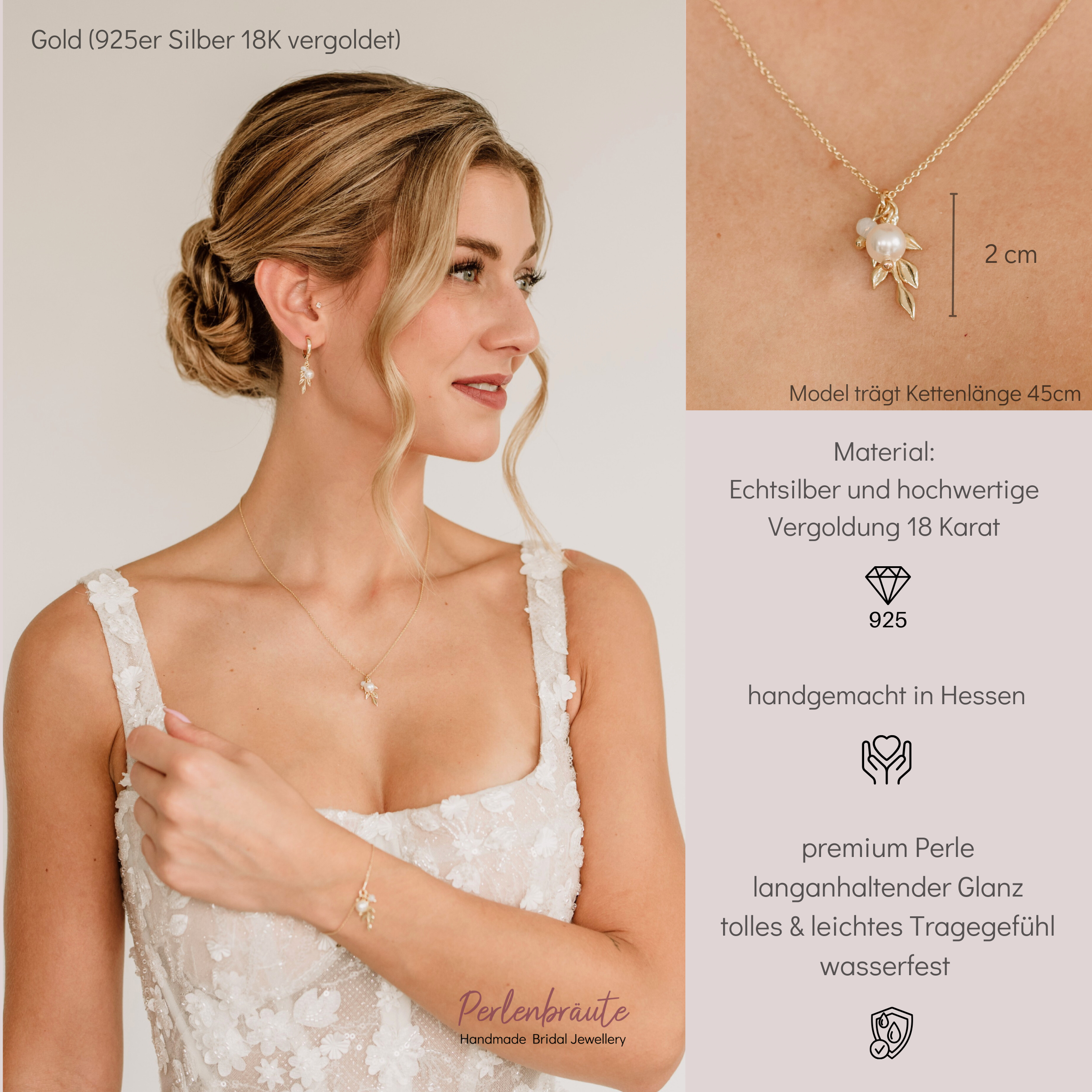 Resi | Halskette Braut mit Blatt und Perlen