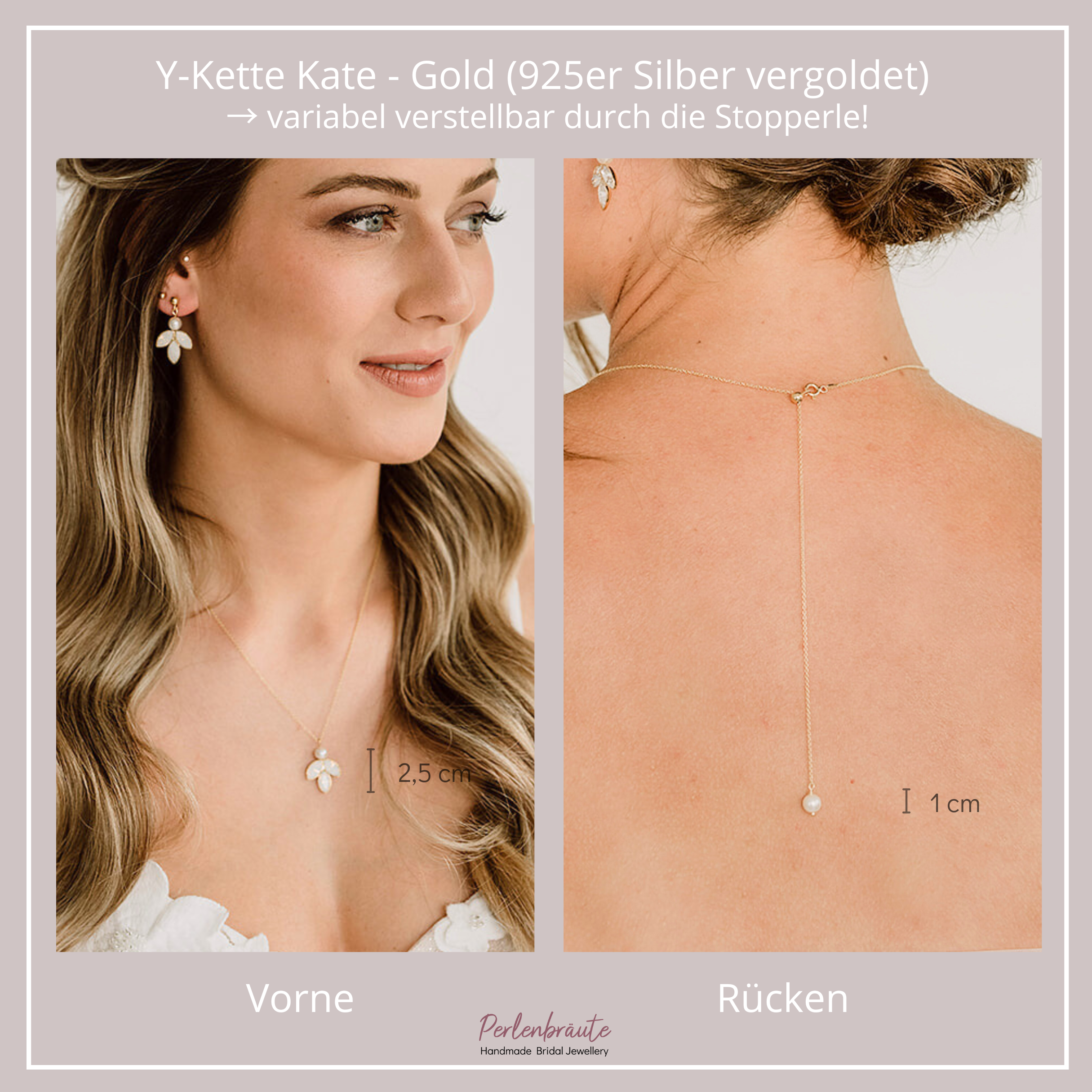 Kate Halskette mit Rückenkette | Brauthalskette mit Perlen und Kristallen - Y-Kette