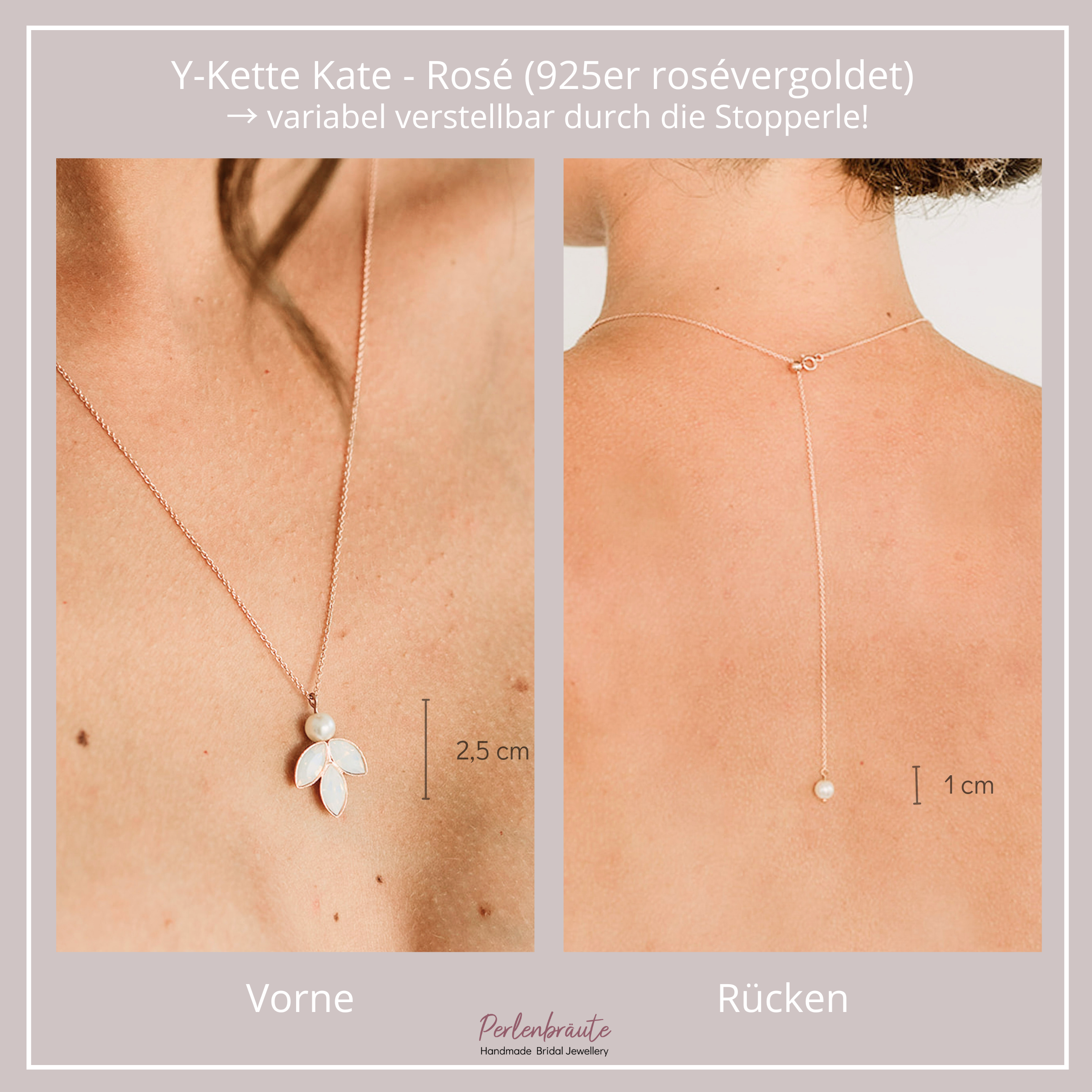 Kate Halskette mit Rückenkette | Brauthalskette mit Perlen und Kristallen - Y-Kette