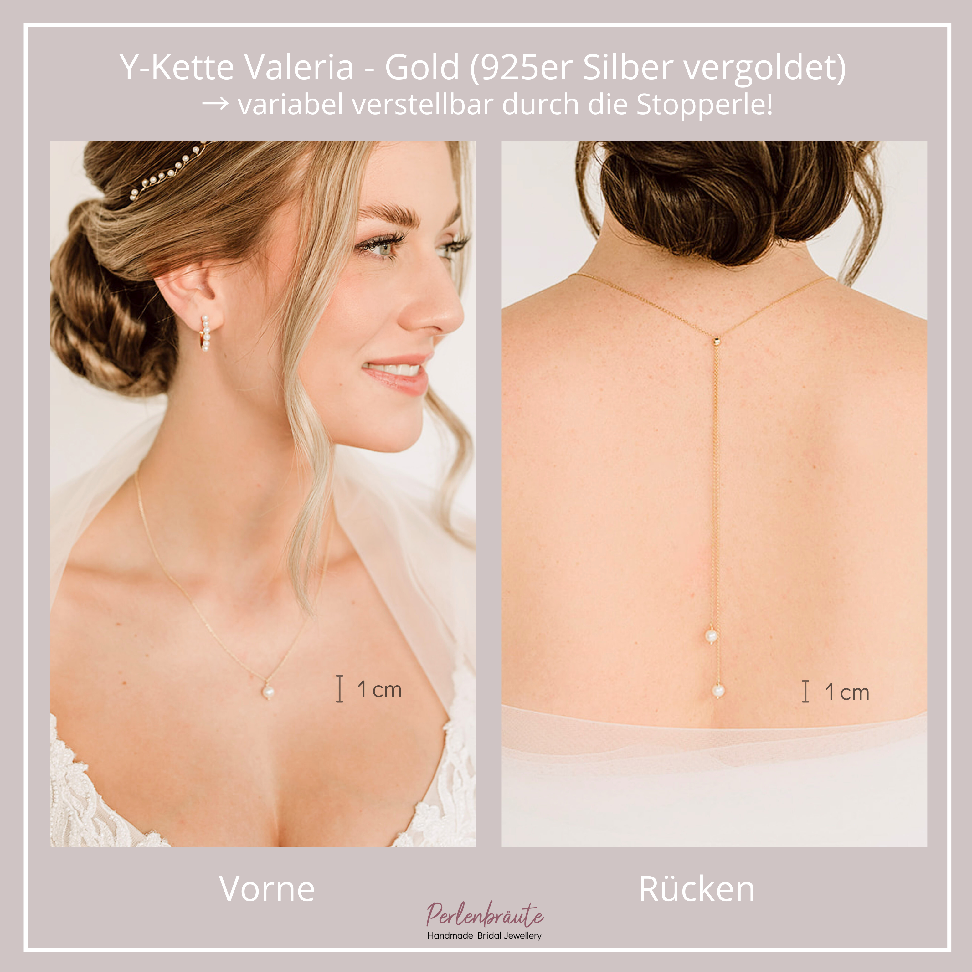 Valeria Halskette mit Rückenkette | Rückenkette mit 2 Perlenanhänger - Y-Kette